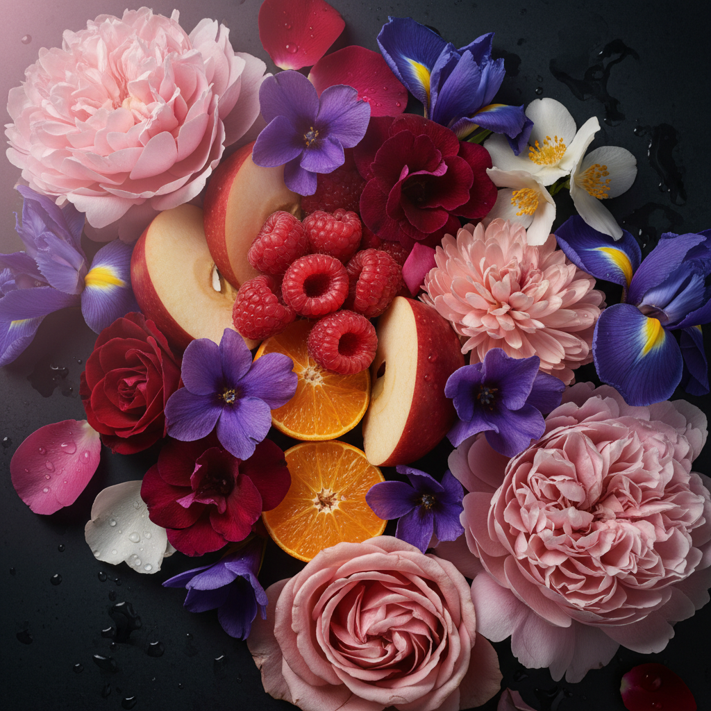 Ingrédients - framboise, pomme, violette, orange, rose, pivoine, iris, jasmin