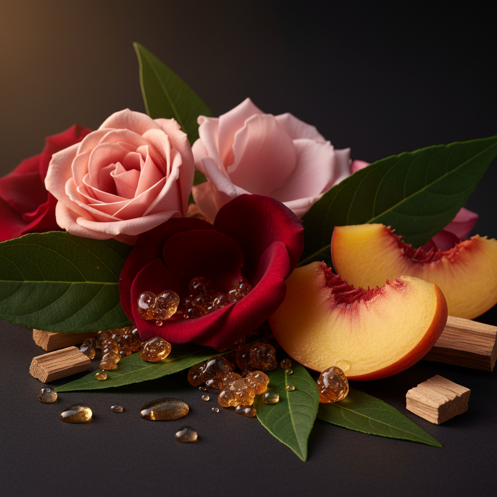 Ingrédients - macro rose, ambre, pêche, patchouli, santal