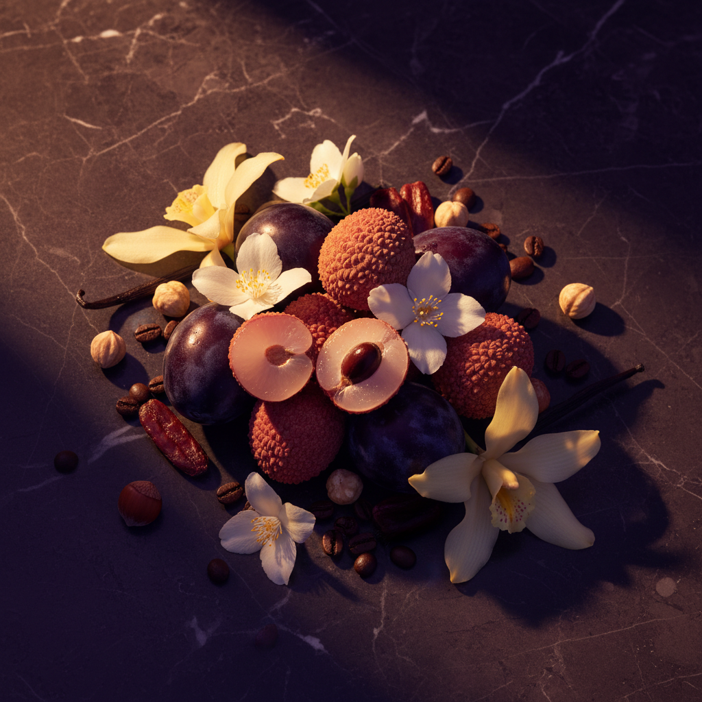 Ingrédients - litchi, prune, jasmin, orchidée vanille, café, noisette, fève tonka