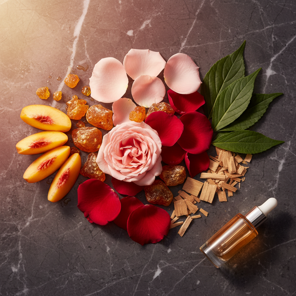Ingrédients - rose, ambre, pêche, patchouli, bois de santal