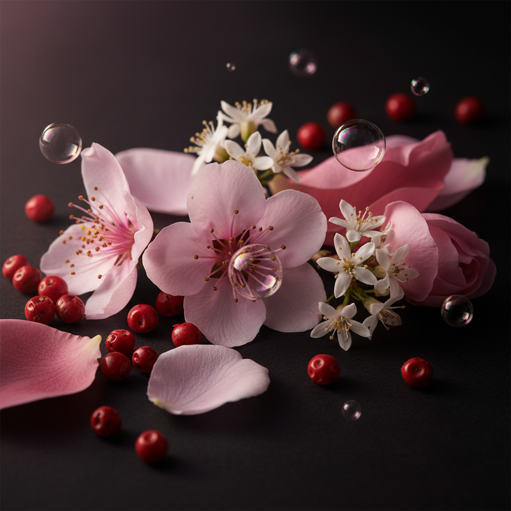 Ingrédients - poivre rose, fleur de pêcher, rose, musc blanc, champagne rosé