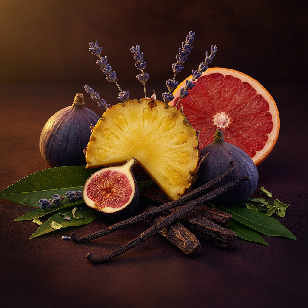 Ingrédients - ananas, pamplemousse, lavande, figue, fèves de tonka, vanille, patchouli