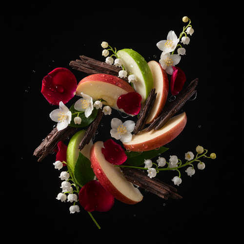 Ingrédients - pomme rouge, pomme verte, rose, jasmin, muguet, bois