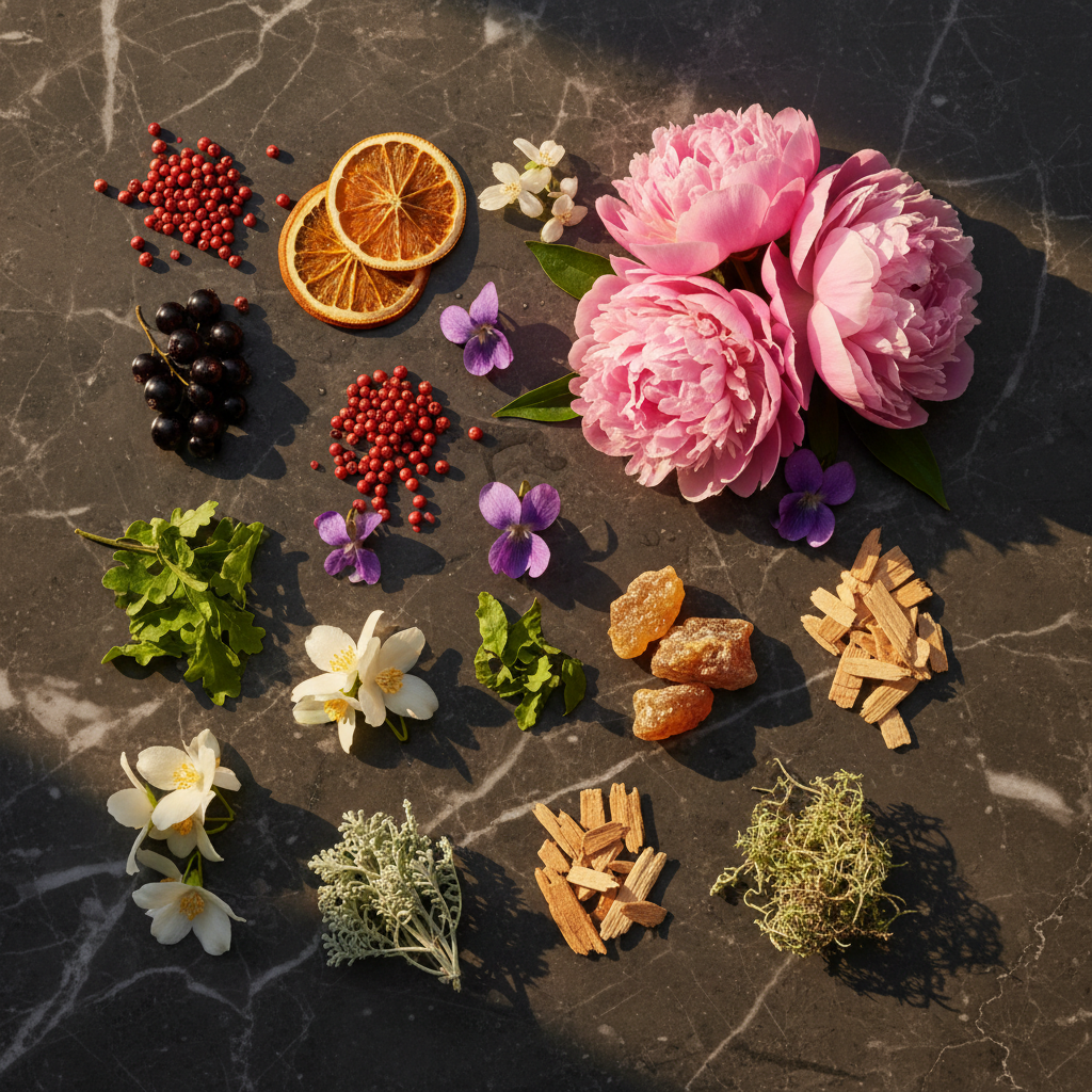Ingrédients - poivre rose, cassis, orange amère, pivoine, violette, thé vert, jasmin, ambre, mousse de chêne, cèdre, musc