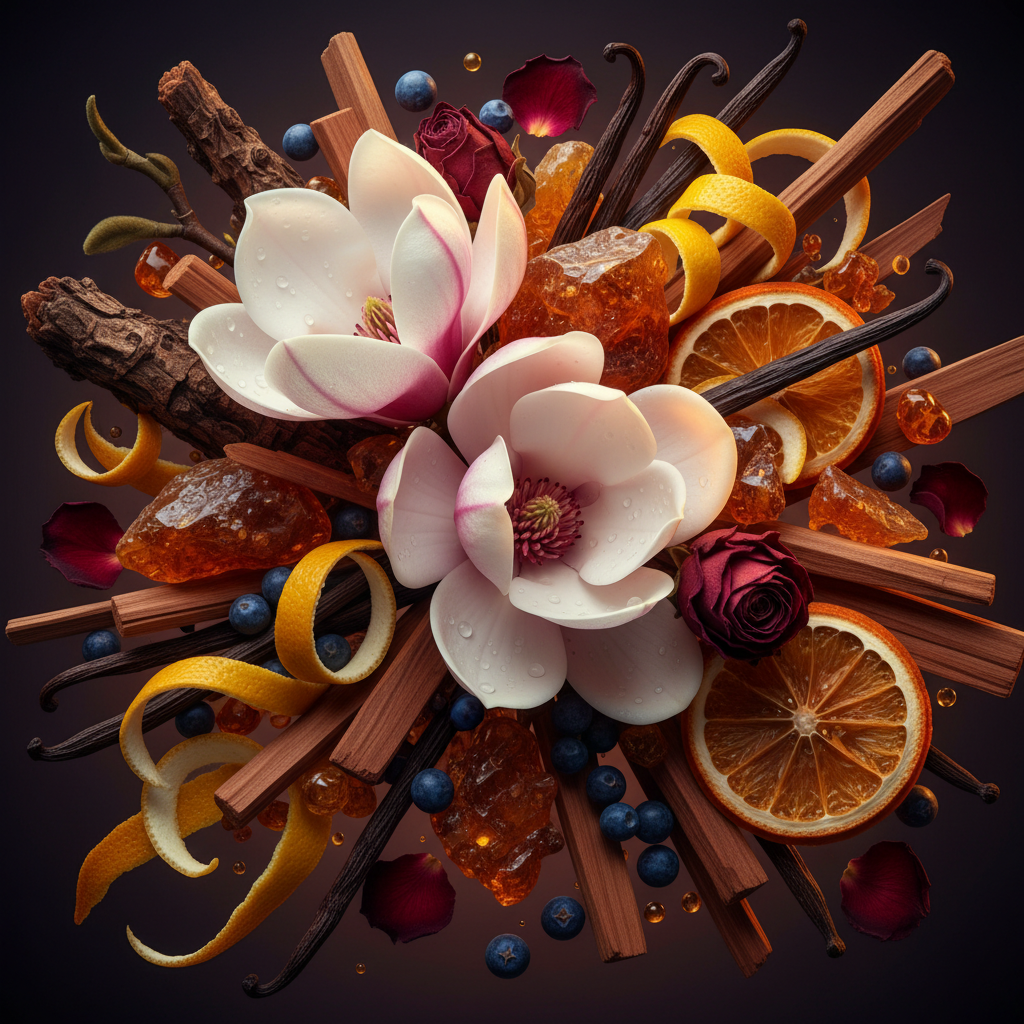 Ingrédients - magnolia, santal, labdanum, ambre, bergamote, vanille, citron, écorce, genévrier, orange, rose