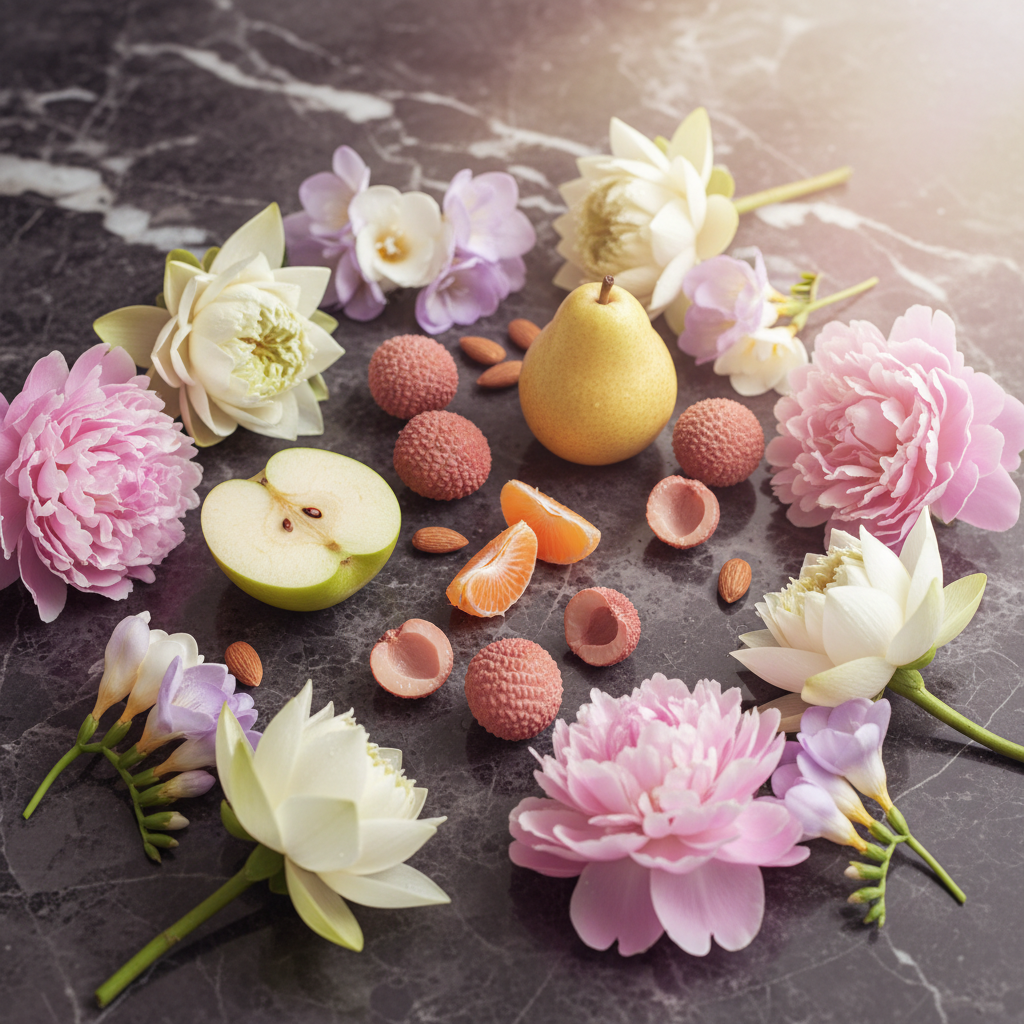 Ingrédients - pomme verte, poire, mandarine, litchi rosé, lotus, pivoine, freesia, amande