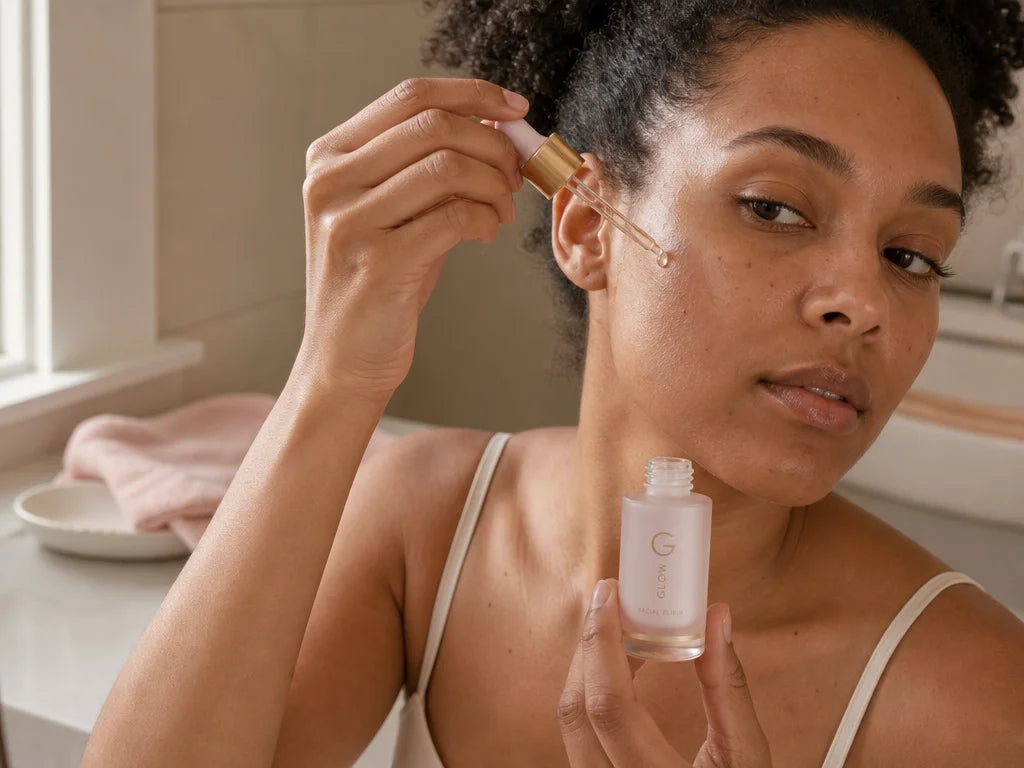 Freeze exactly one source-defined facial-care action in a 4:3 editorial routine photograph: a Black