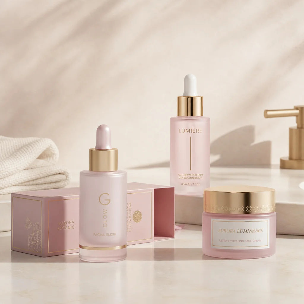 Campaign portrait of three distinct sourced facial-care products in a square 1:1 collection image, e