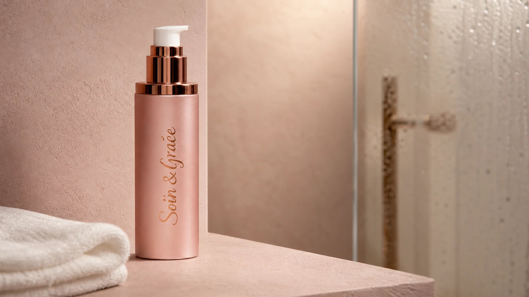 Immersive premium product portrait for a 16:9 PDP chapter image. Place the exact lotion bottle uprig